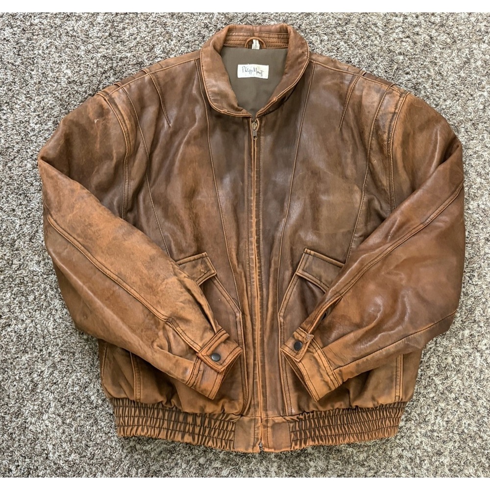 Vintage Philippe Money Leather Bomber Jacket Genuine Brown Aviator Coat Mens 46
